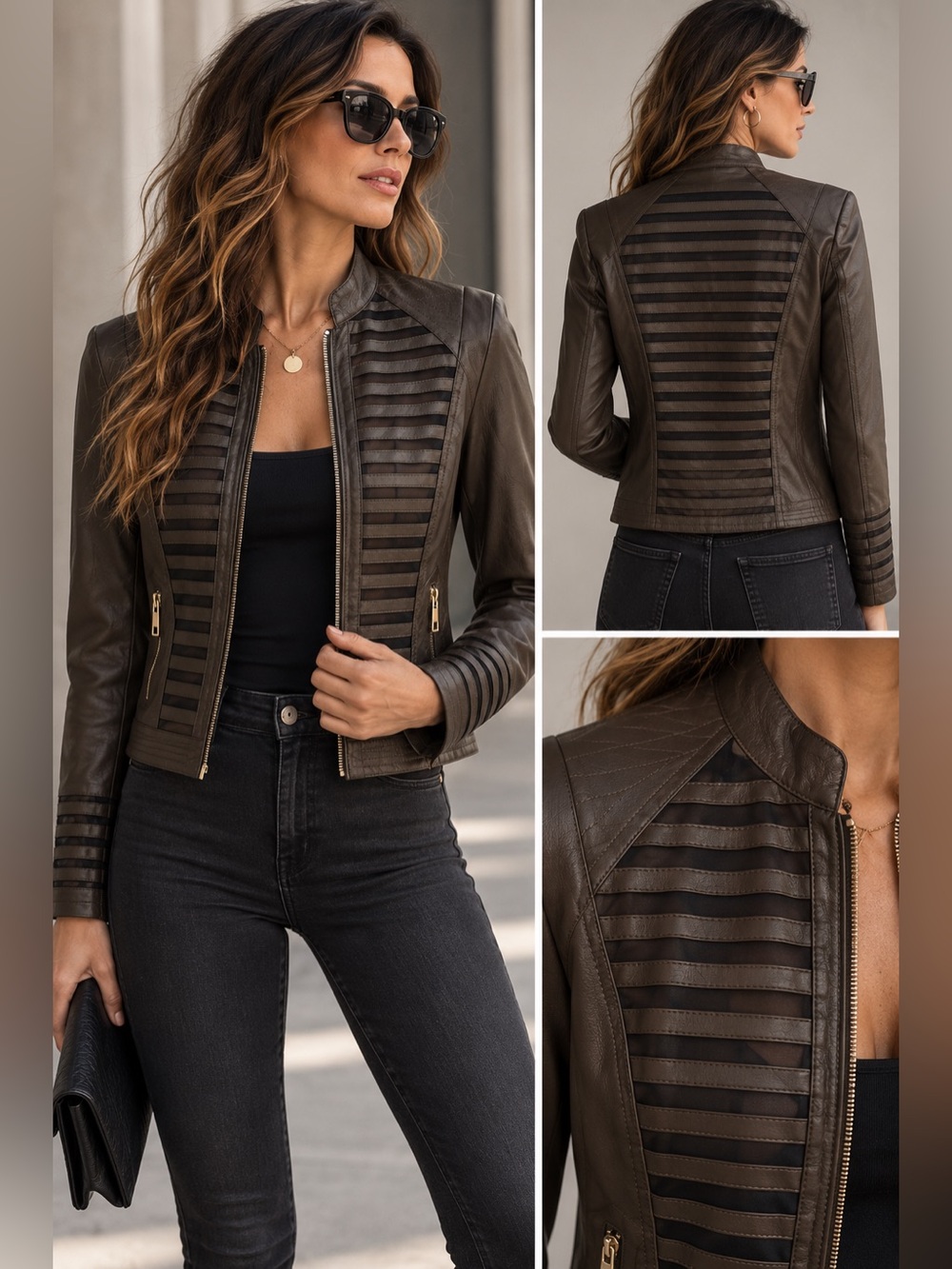 🤎 Espresso Brown Faux Leather Moto Jacket Mesh Stripe Detail Size S